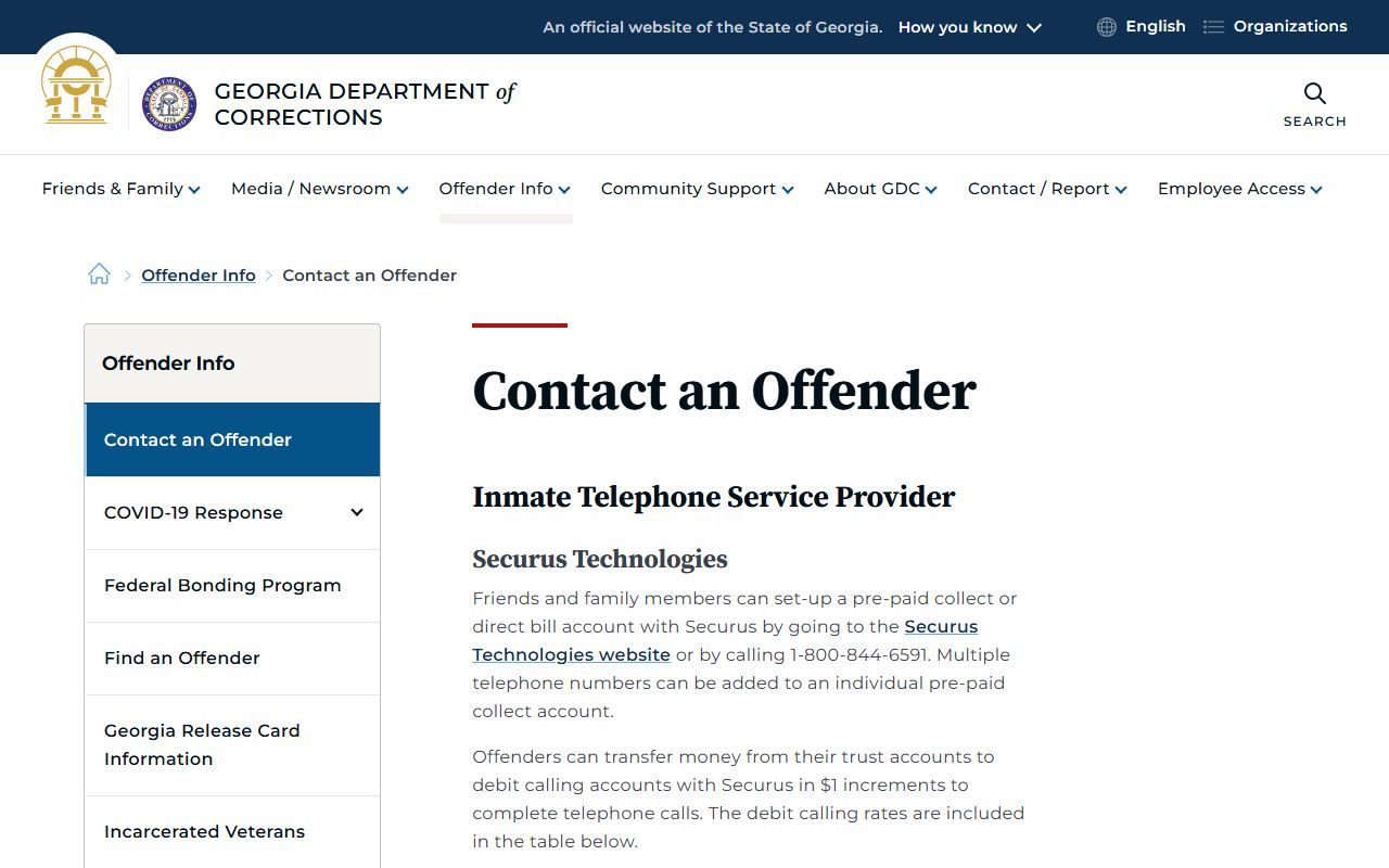 Hancock State Prison GDC offender phone rates and Securus inmate contact information