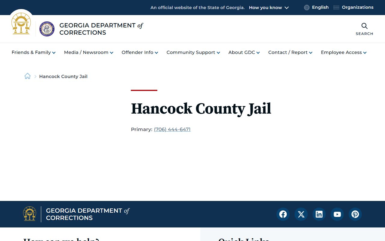 Hancock County Detention Center jail phone and inmate contact listing from GDC